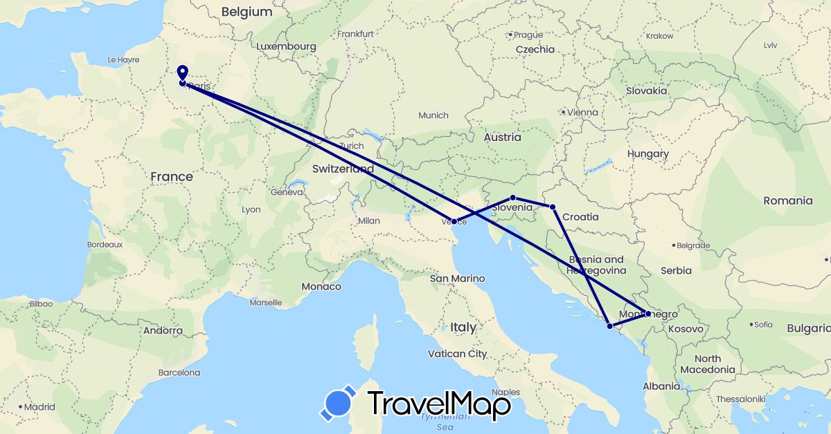 TravelMap itinerary: driving in France, Croatia, Italy, Montenegro, Slovenia (Europe)